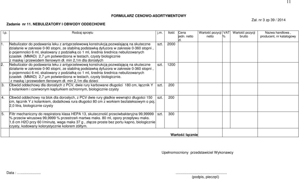 potwierdzona w testach, czysty biologicznie z maską i przewodem tlenowym dł. min 2,1m dla dorosłych 2. Nebulizator do podawania leku z antyprzelewową konstrukcją pozwalającą na skuteczne szt.