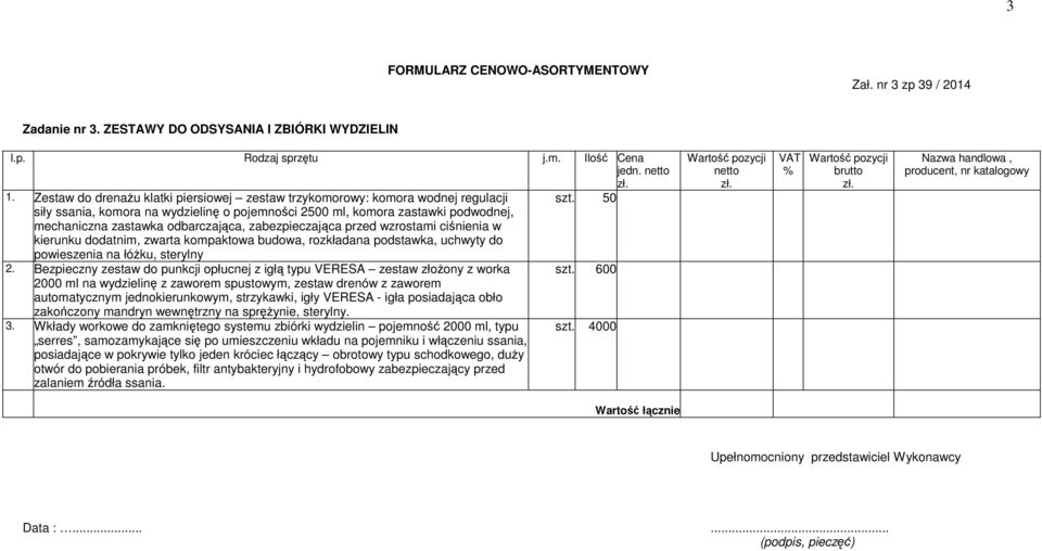 kompaktowa budowa, rozkładana podstawka, uchwyty do powieszenia na łóżku, sterylny 2. Bezpieczny zestaw do punkcji opłucnej z igłą typu VERESA zestaw złożony z worka szt.