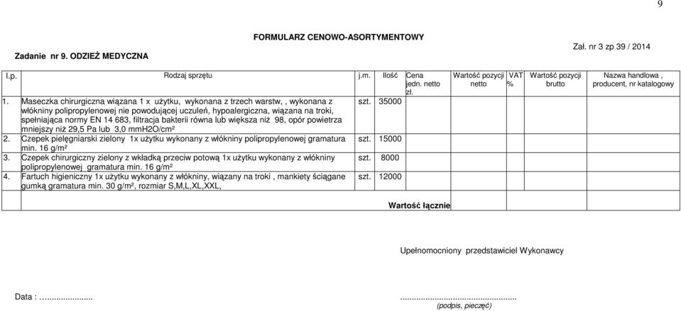 mniejszy niż 29,5 Pa lub 3,0 mmh2o/cm² 2. Czepek pielęgniarski zielony 1x użytku wykonany z włókniny polipropylenowej gramatura szt. 15000 min. 16 g/m² 3.