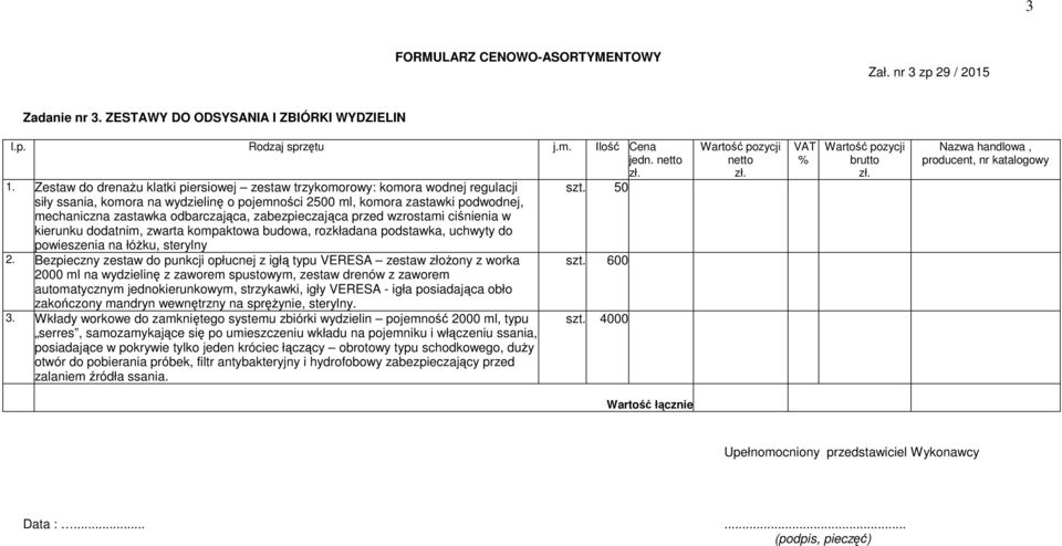 kompaktowa budowa, rozkładana podstawka, uchwyty do powieszenia na łóżku, sterylny 2. Bezpieczny zestaw do punkcji opłucnej z igłą typu VERESA zestaw złożony z worka szt.