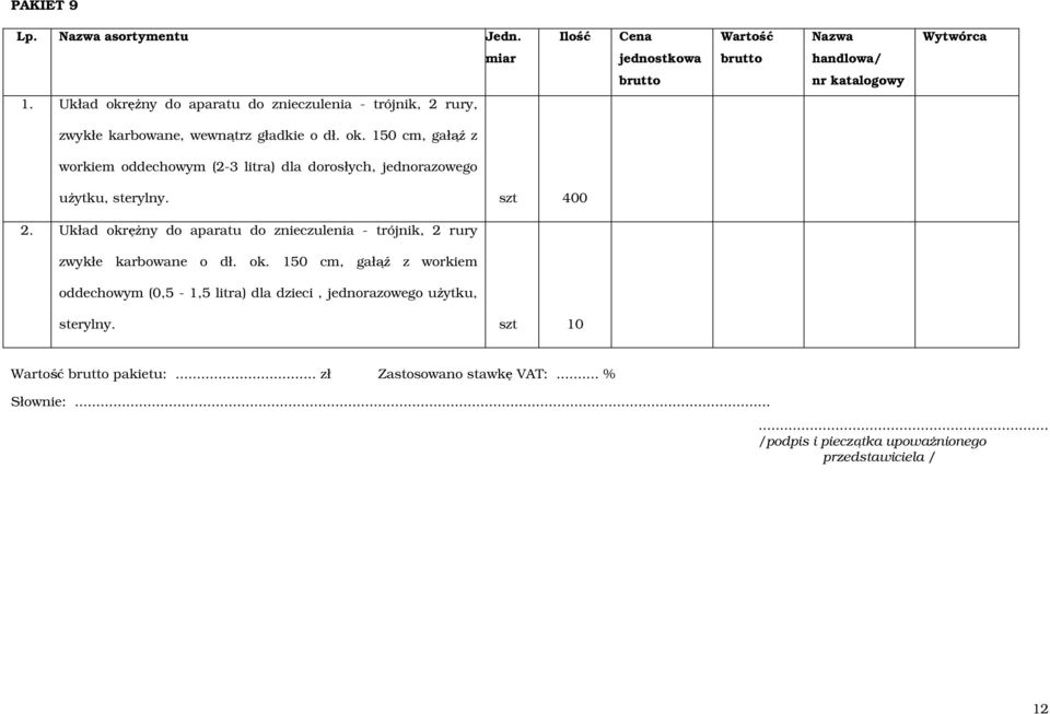 szt 400 2. Układ okręŝny do aparatu do znieczulenia - trójnik, 2 rury zwykłe karbowane o dł. ok. 150 cm, gałąź z workiem oddechowym (0,5-1,5 litra) dla dzieci, jednorazowego uŝytku, sterylny.