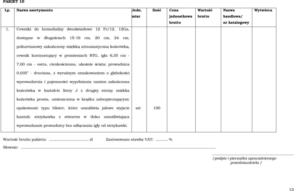 Cewniki do hemodializy dwuświatłowe 12 Fr/12, 12Ga, dostępne w długościach 15-16 cm, 20 cm, 24 cm, poliuretanowy zakończony miękką atraumatyczną końcówką, cewnik kontrastujący w promieniach