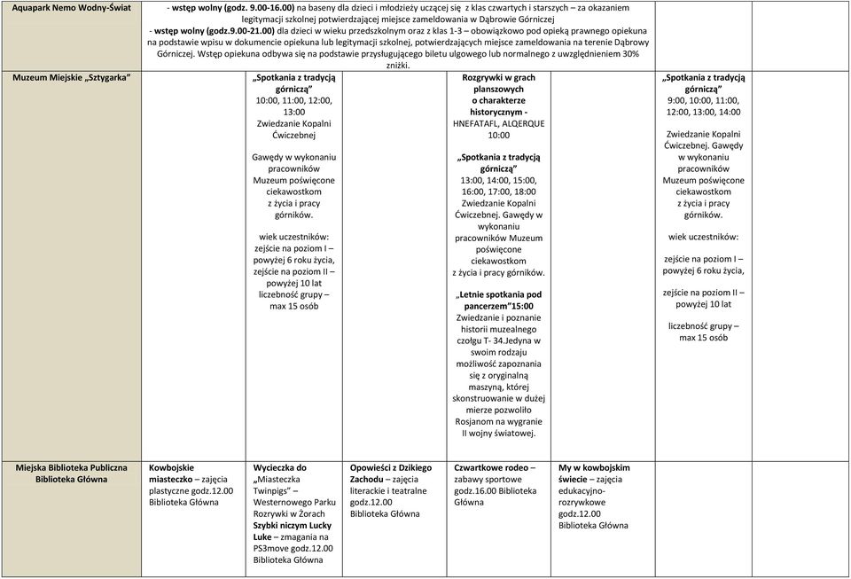 00) dla dzieci w wieku przedszkolnym oraz z klas 1-3 obowiązkowo pod opieką prawnego opiekuna na podstawie wpisu w dokumencie opiekuna lub legitymacji szkolnej, potwierdzających miejsce zameldowania