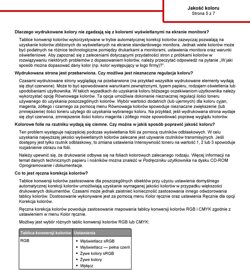 Jednak wiele kolorów może być podatnych na różnice technologiczne pomiędzy drukarkami a monitorami, ustawienia monitora oraz warunki oświetleniowe.