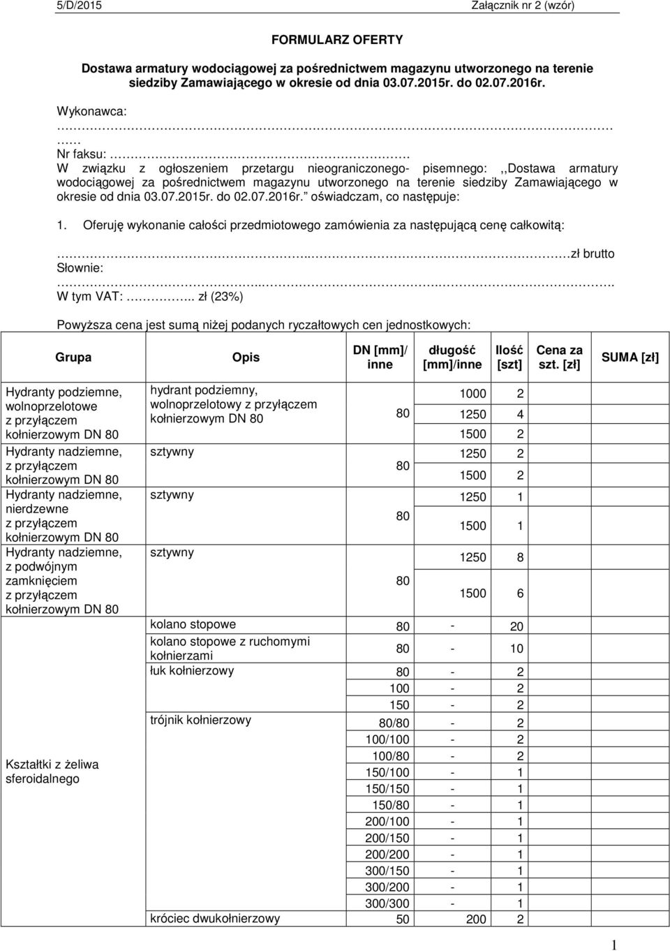 do 0.07.016r. oświadczam, co następuje: 1. Oferuję wykonanie całości przedmiotowego zamówienia za następującą cenę całkowitą:.. zł brutto Słownie:.... W tym VAT:.