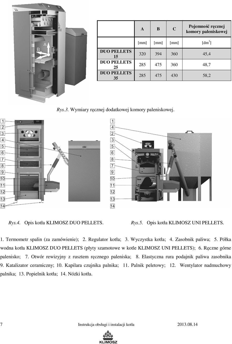 Półka wodna kotła KLIMOSZ DUO PELLETS (płyty szamotowe w kotle KLIMOSZ UNI PELLETS); 6. Ręczne górne palenisko; 7. Otwór rewizyjny z rusztem ręcznego paleniska; 8.