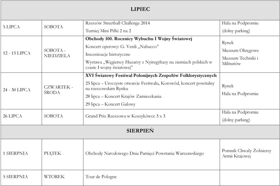 Uroczyste otwarcie Festiwalu, Korowód, koncert powitalny na rzeszowskim Rynku 28 lipca Koncert Krajów Zamieszkania 29 lipca Koncert Galowy 26 LIPCA Grand Prix Rzeszowa w Koszykówce 3 x 3 Hala na