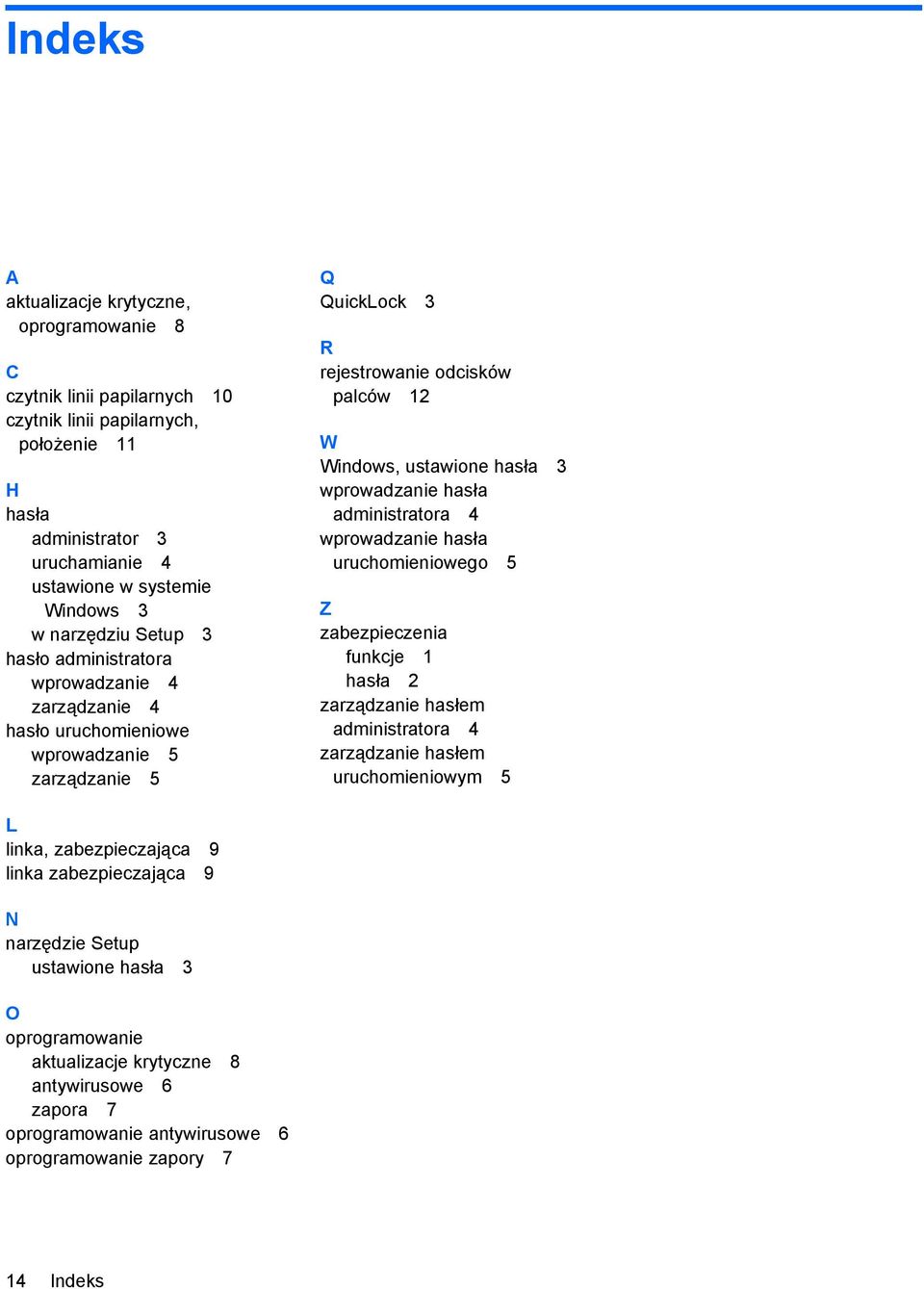 wprowadzanie hasła administratora 4 wprowadzanie hasła uruchomieniowego 5 Z zabezpieczenia funkcje 1 hasła 2 zarządzanie hasłem administratora 4 zarządzanie hasłem uruchomieniowym 5 L linka,