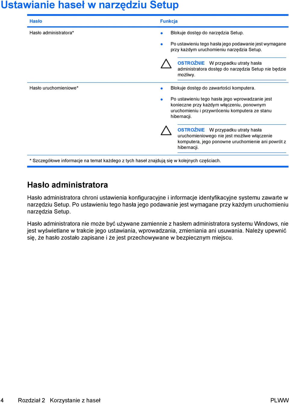 Hasło uruchomieniowe* Blokuje dostęp do zawartości komputera.