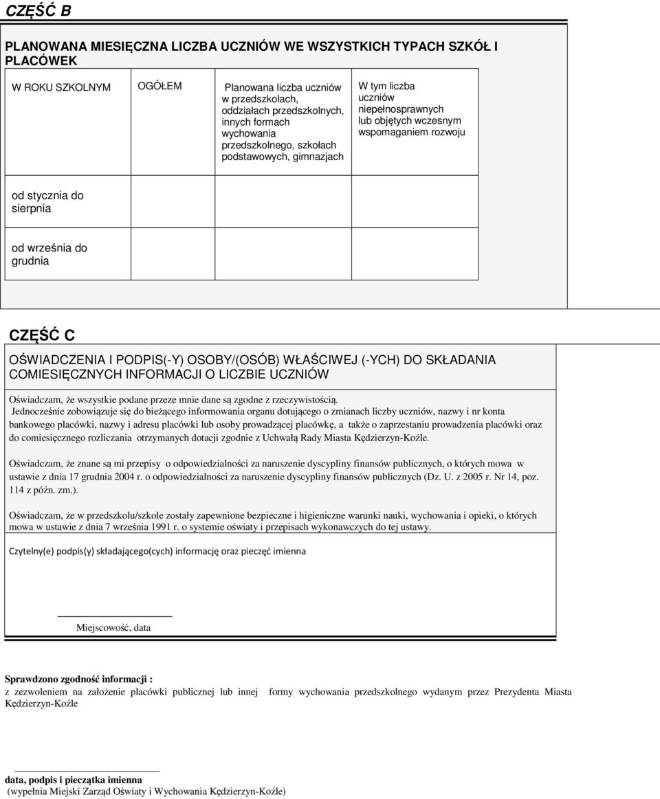 I PODPIS(-Y) OSOBY/(OSÓB) WŁAŚCIWEJ (-YCH) DO SKŁADANIA COMIESIĘCZNYCH INFORMACJI O LICZBIE UCZNIÓW Oświadczam, że wszystkie podane przeze mnie dane są zgodne z rzeczywistością.