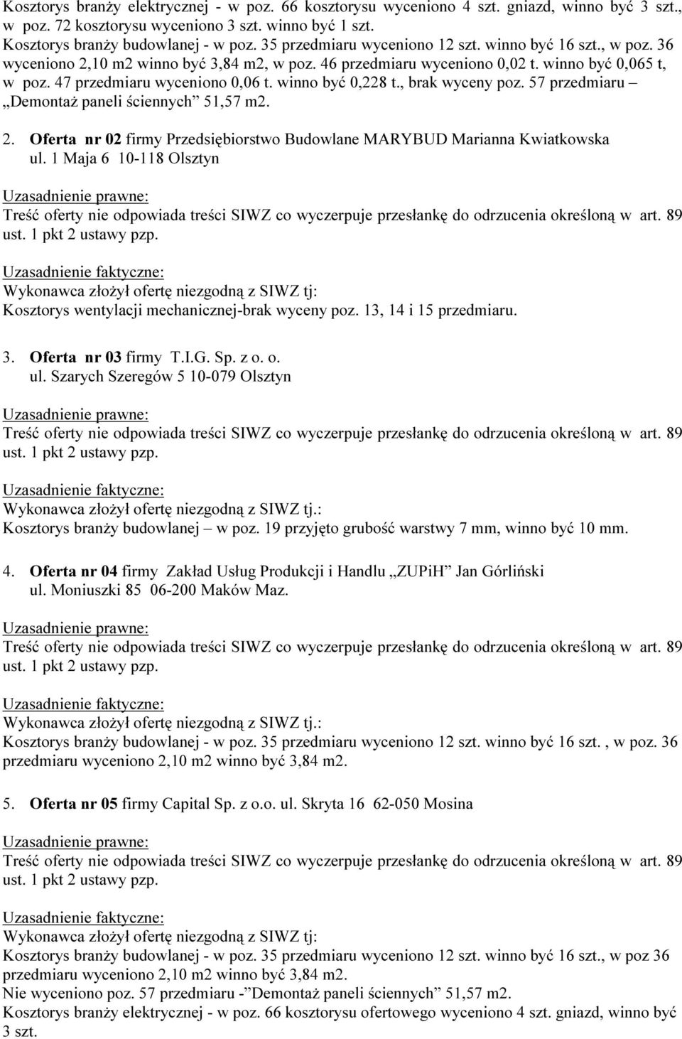 winno być 0,228 t., brak wyceny poz. 57 przedmiaru Demontaż paneli ściennych 51,57 m2. 2. Oferta nr 02 firmy Przedsiębiorstwo Budowlane MARYBUD Marianna Kwiatkowska ul.