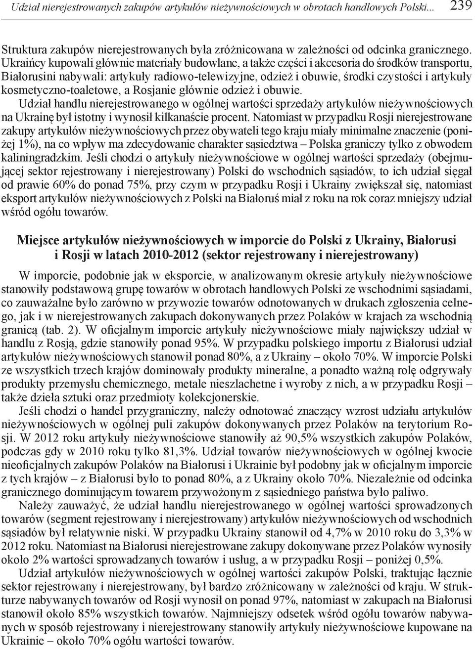 kosmetyczno-toaletowe, a Rosjanie głównie odzież i obuwie. Udział handlu nierejestrowanego w ogólnej wartości sprzedaży artykułów nieżywnościowych na Ukrainę był istotny i wynosił kilkanaście procent.