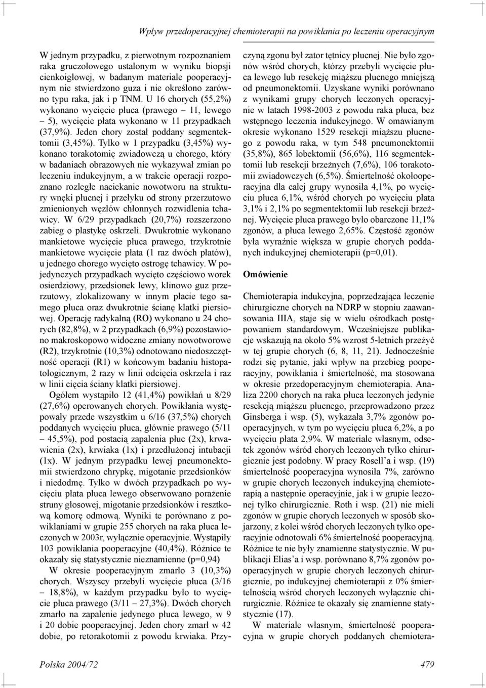 U 16 chorych (55,2%) wykonano wycięcie płuca (prawego 11, lewego 5), wycięcie płata wykonano w 11 przypadkach (37,9%). Jeden chory został poddany segmentektomii (3,45%).