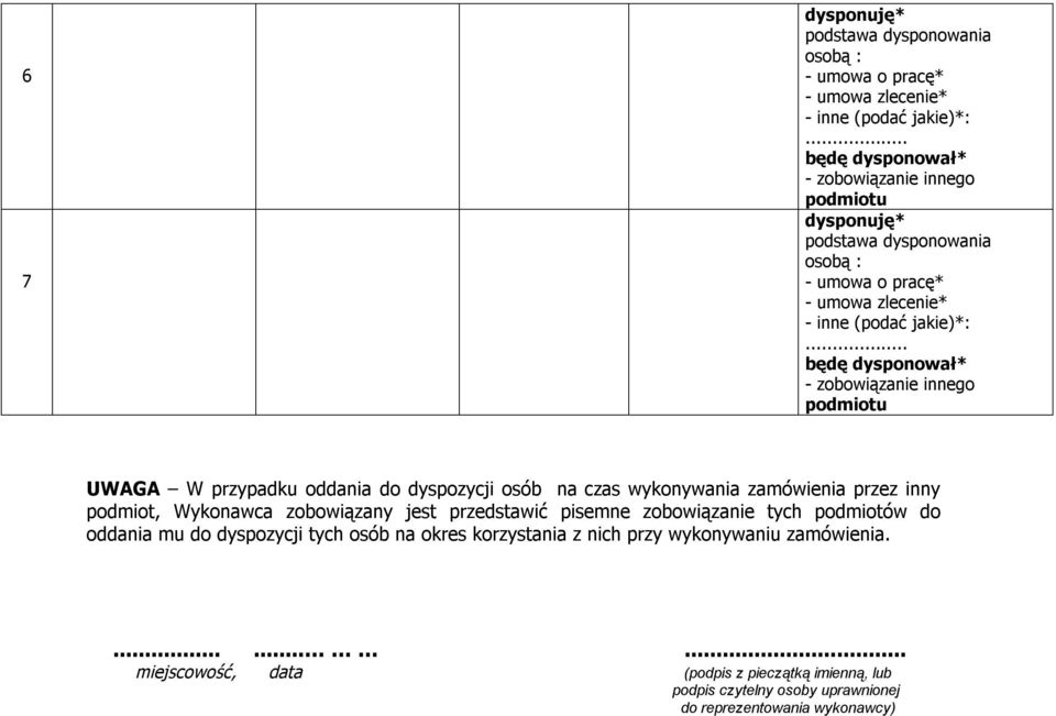 pisemne zobowiązanie tych podmiotów do oddania mu do dyspozycji tych osób