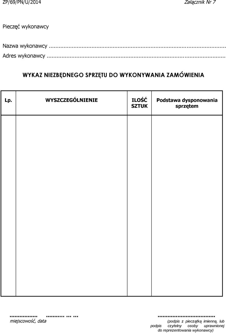 .. WYKAZ NIEZBĘDNEGO SPRZĘTU DO WYKONYWANIA ZAMÓWIENIA Lp.