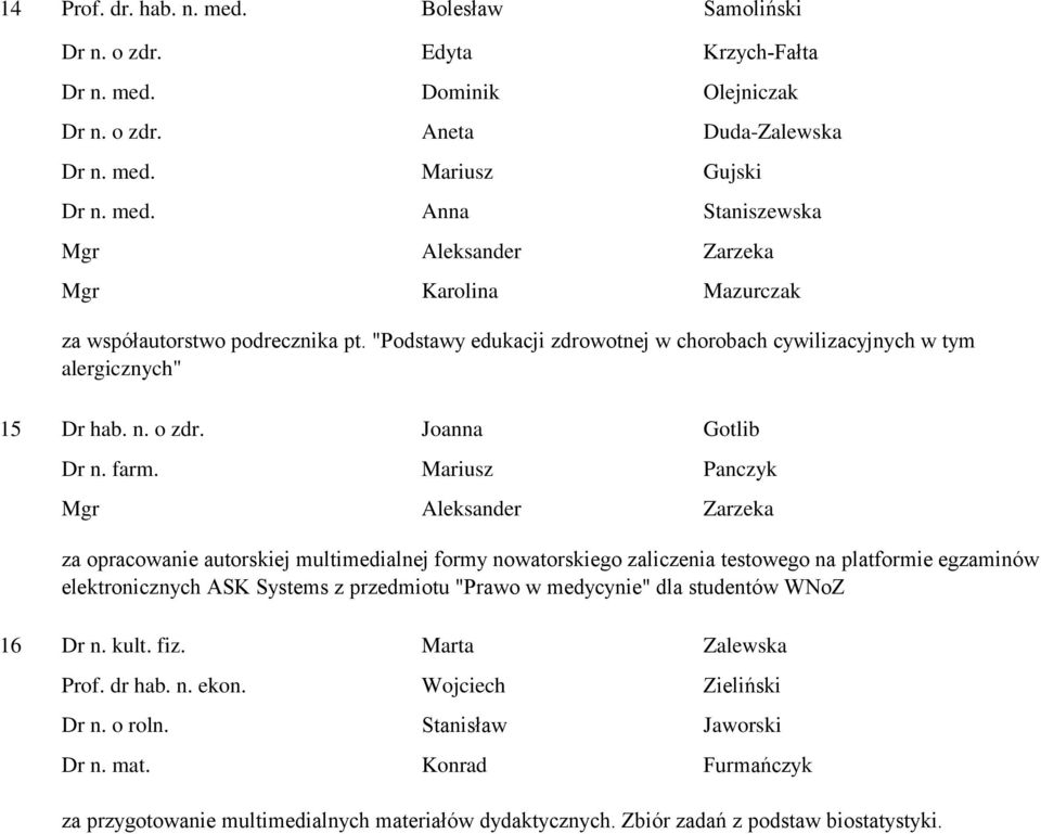 Mariusz Panczyk Mgr Aleksander Zarzeka za opracowanie autorskiej multimedialnej formy nowatorskiego zaliczenia testowego na platformie egzaminów elektronicznych ASK Systems z przedmiotu "Prawo w