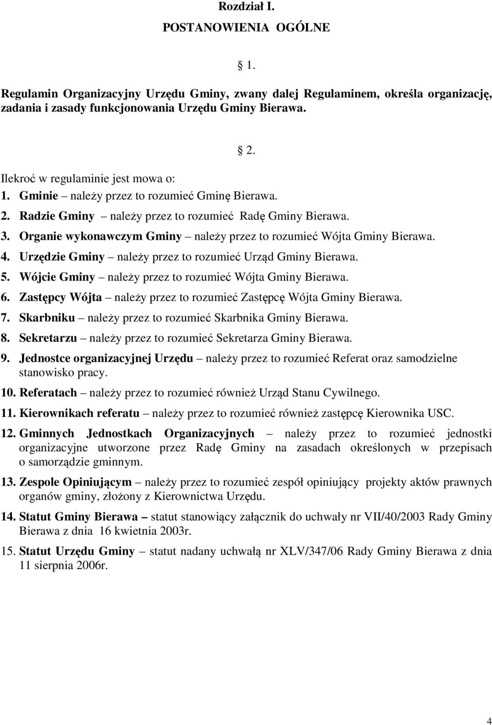 Organie wykonawczym Gminy należy przez to rozumieć Wójta Gminy Bierawa. 4. Urzędzie Gminy należy przez to rozumieć Urząd Gminy Bierawa. 5. Wójcie Gminy należy przez to rozumieć Wójta Gminy Bierawa. 6.