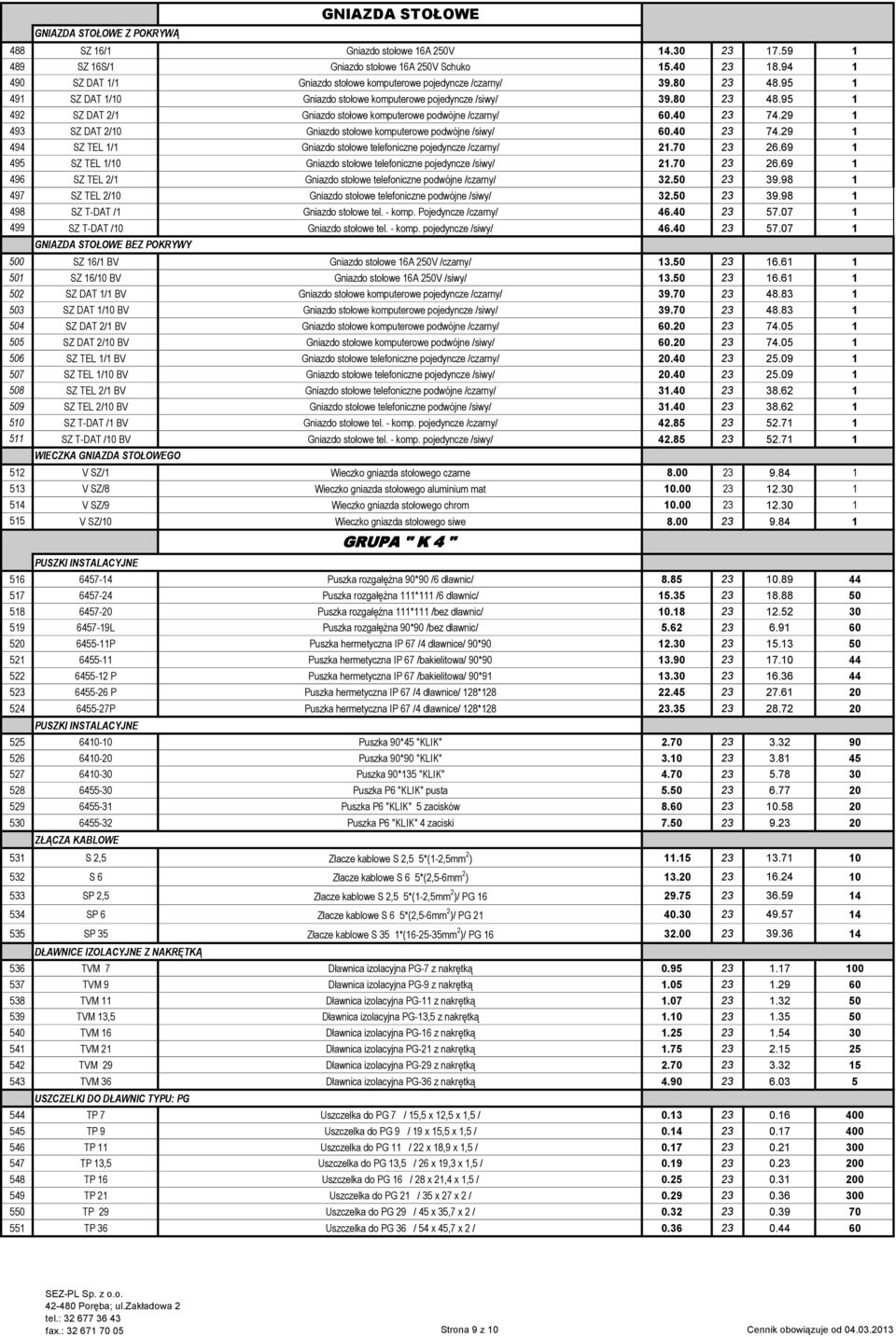 40 23 74.29 1 493 SZ DAT 2/10 Gniazdo stołowe komputerowe podwójne /siwy/ 60.40 23 74.29 1 494 SZ TEL 1/1 Gniazdo stołowe telefoniczne pojedyncze /czarny/ 21.70 23 26.