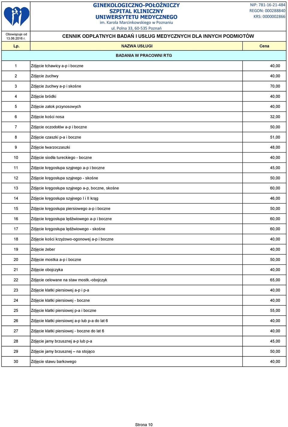 45,00 12 Zdjęcie kręgosłupa szyjnego - skośne 50,00 13 Zdjęcie kręgosłupa szyjnego a-p, boczne, skośne 60,00 14 Zdjęcie kręgosłupa szyjnego I i II krąg 46,00 15 Zdjęcie kręgosłupa piersiowego a-p i