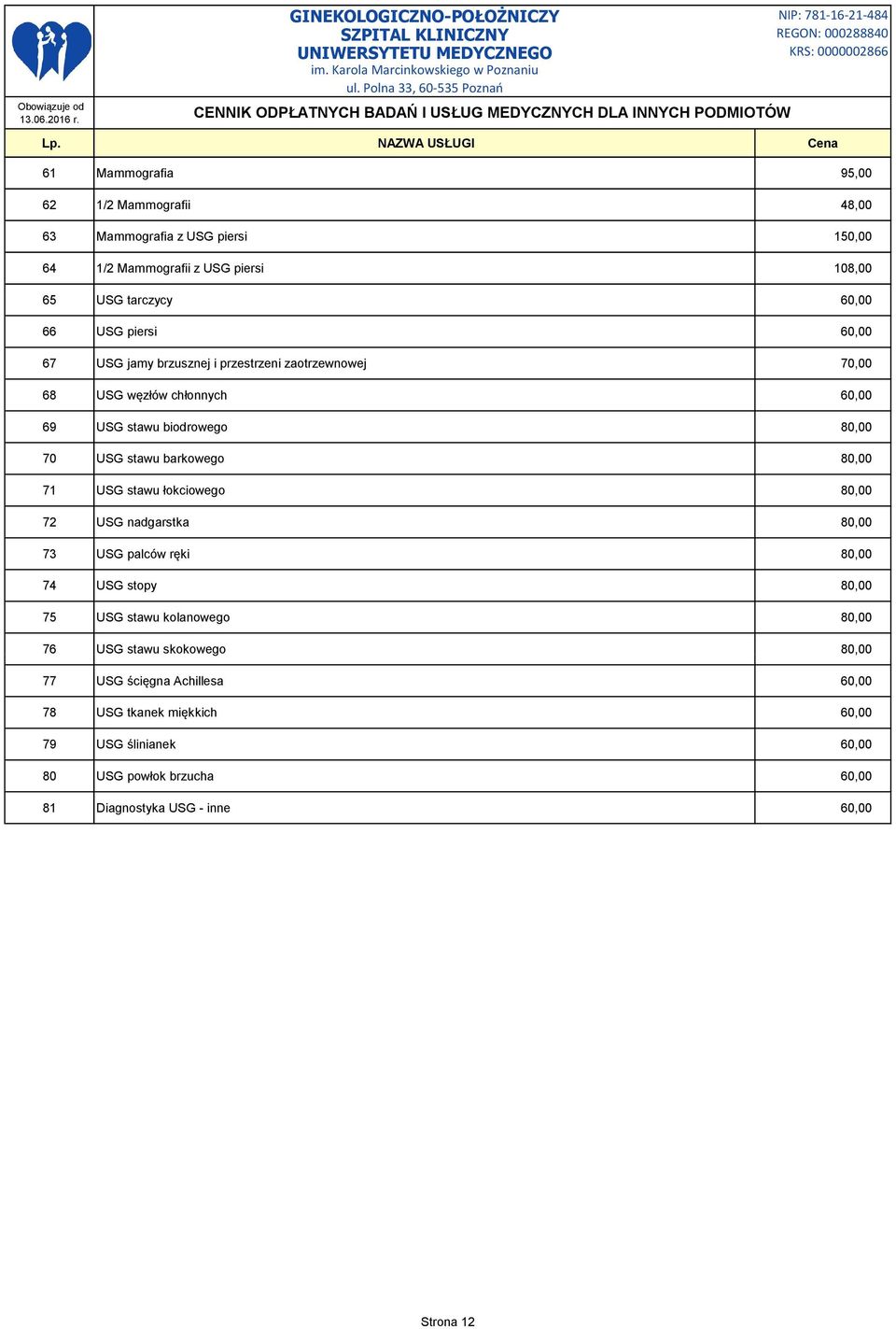 80,00 71 USG stawu łokciowego 80,00 72 USG nadgarstka 80,00 73 USG palców ręki 80,00 74 USG stopy 80,00 75 USG stawu kolanowego 80,00 76 USG stawu