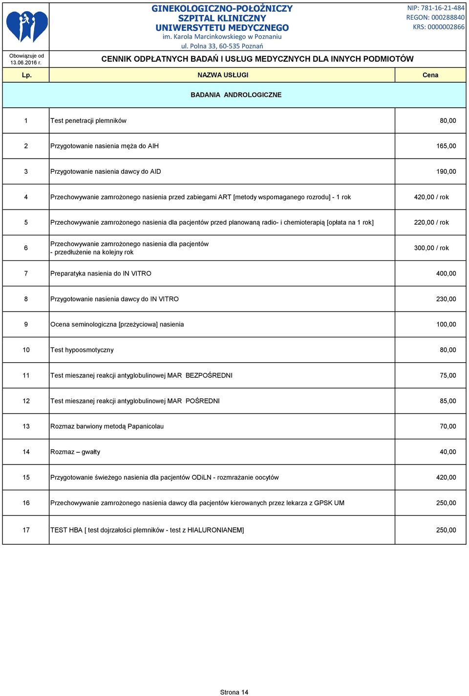 zamrożonego nasienia dla pacjentów - przedłużenie na kolejny rok 300,00 / rok 7 Preparatyka nasienia do IN VITRO 400,00 8 Przygotowanie nasienia dawcy do IN VITRO 230,00 9 Ocena seminologiczna