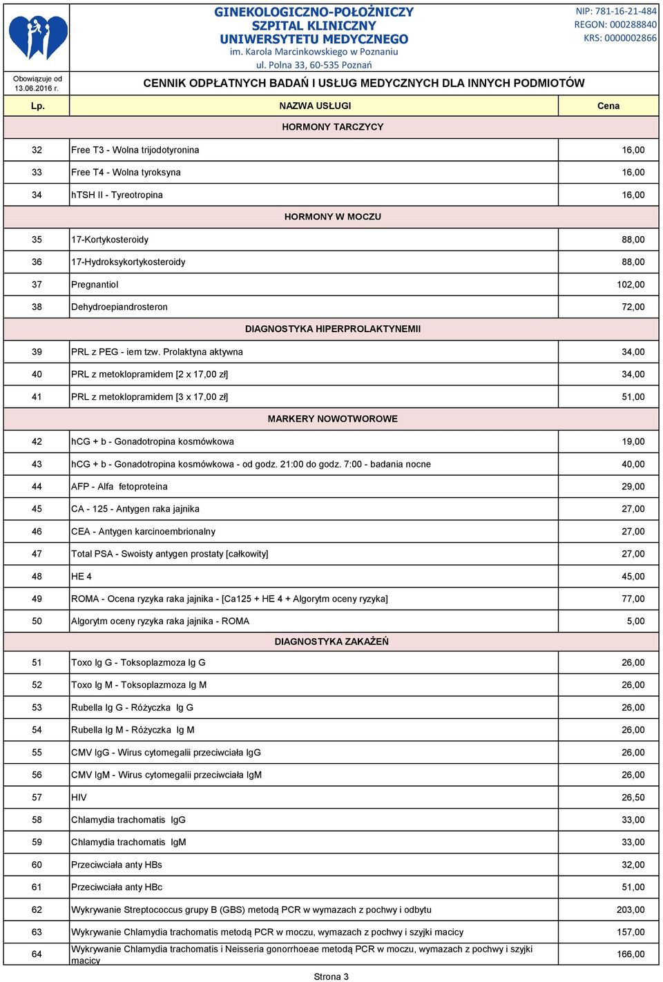 Prolaktyna aktywna 34,00 40 PRL z metoklopramidem [2 x 17,00 zł] 34,00 41 PRL z metoklopramidem [3 x 17,00 zł] 51,00 MARKERY NOWOTWOROWE 42 hcg + b - Gonadotropina kosmówkowa 19,00 43 hcg + b -