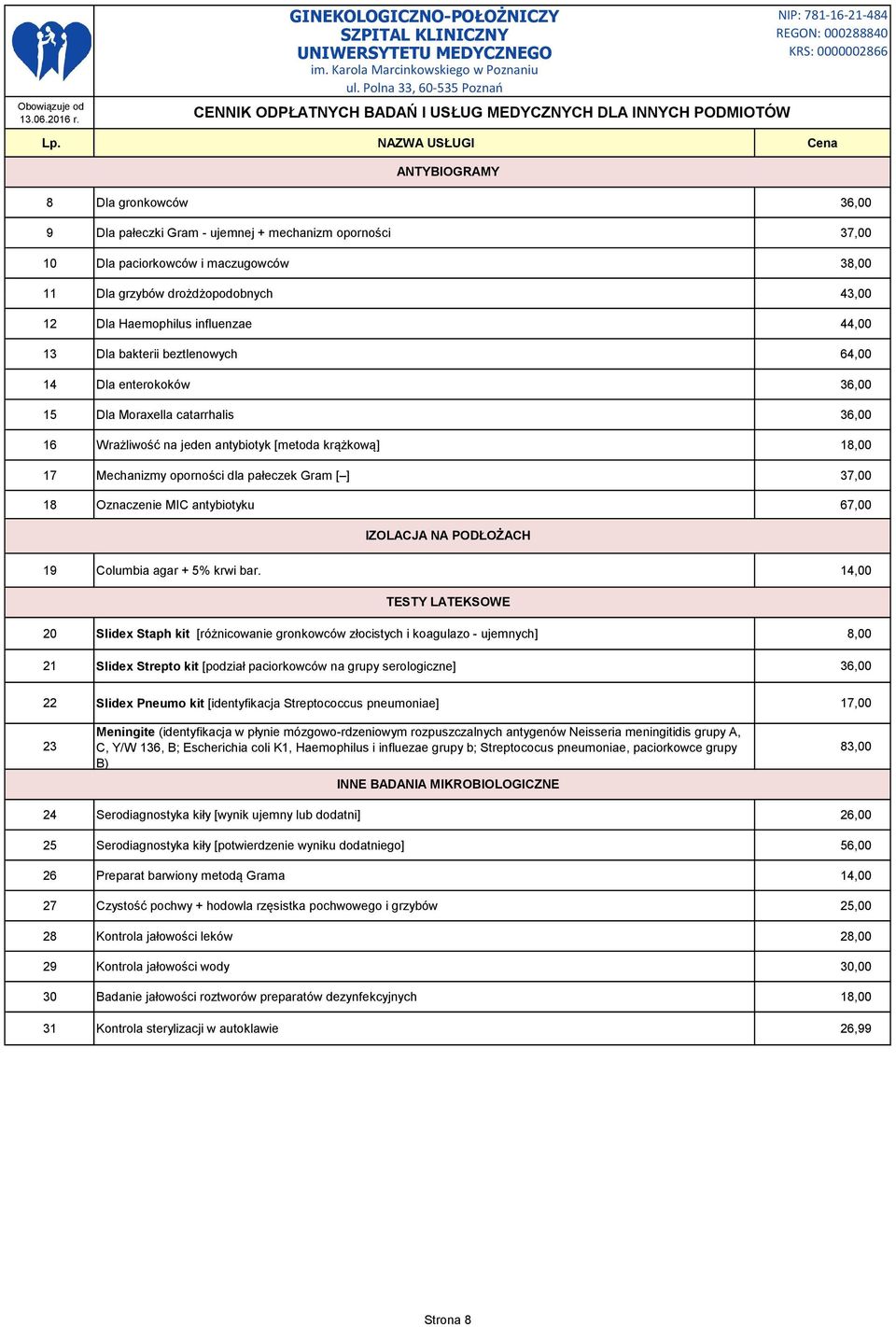 pałeczek Gram [ ] 37,00 18 Oznaczenie MIC antybiotyku 67,00 IZOLACJA NA PODŁOŻACH 19 Columbia agar + 5% krwi bar.