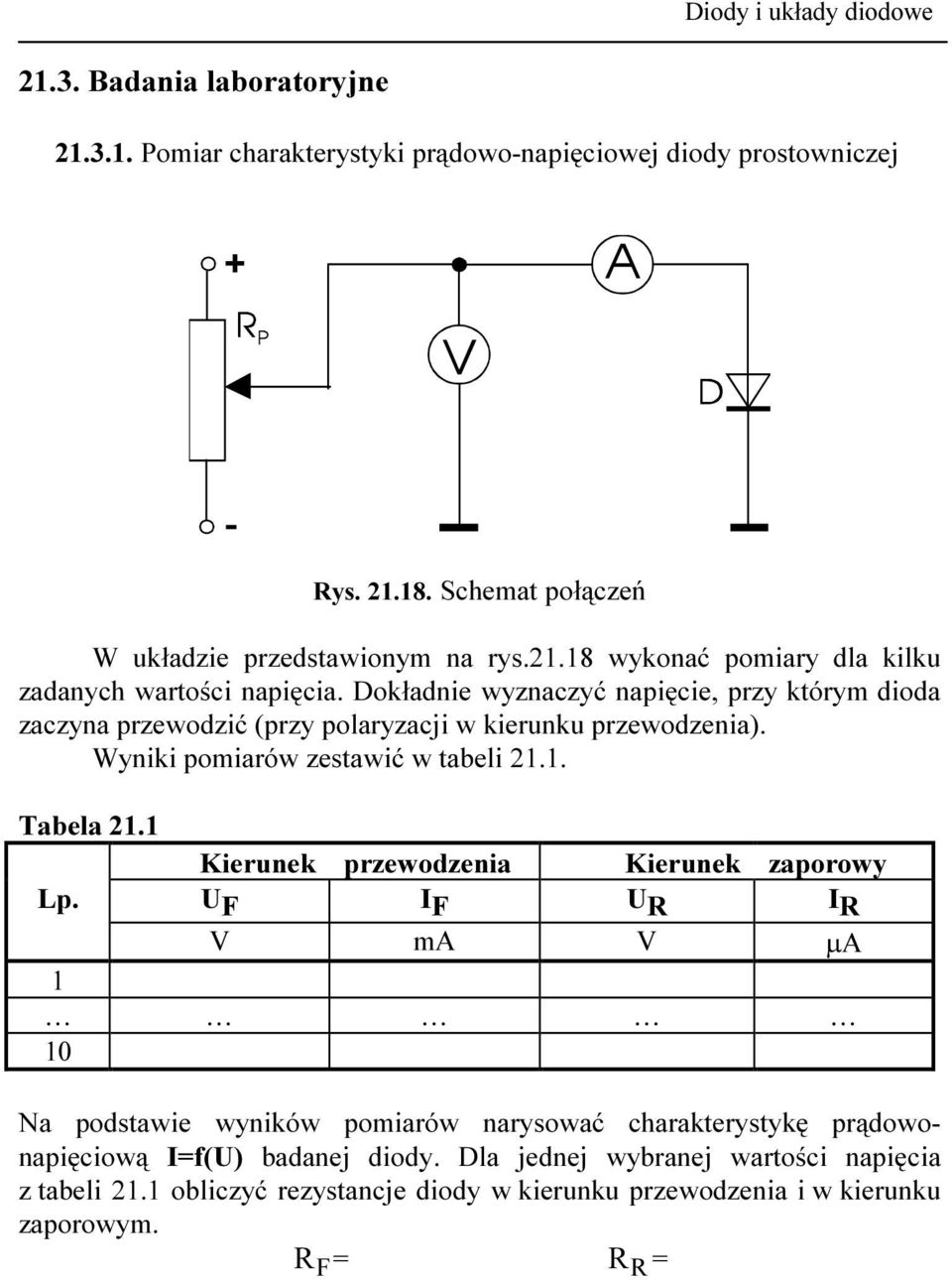 1 Kierunek przewodzenia Kierunek zaporowy Lp. U F I F U R I R V ma V µa 1 10 Na podstawie wyników pomiarów narysować charakterystykę prądowonapięciową I=f(U) badanej diody.