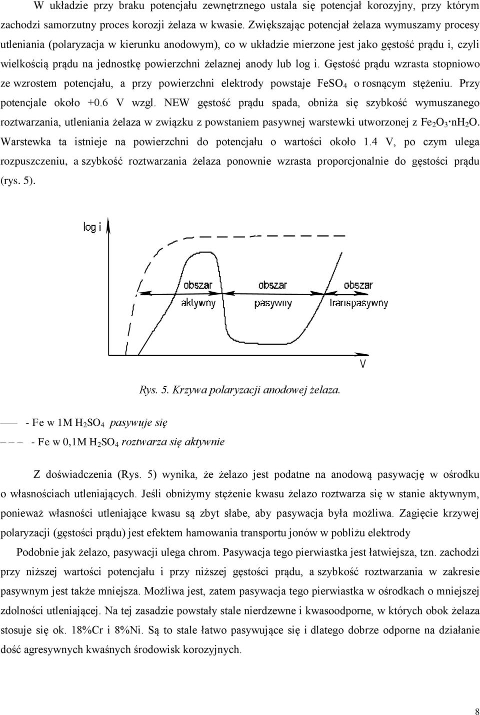 anody lub log i. Gęstość prądu wzrasta stopniowo ze wzrostem potencjału, a przy powierzchni elektrody powstaje FeSO 4 o rosnącym stężeniu. Przy potencjale około +0.6 V wzgl.