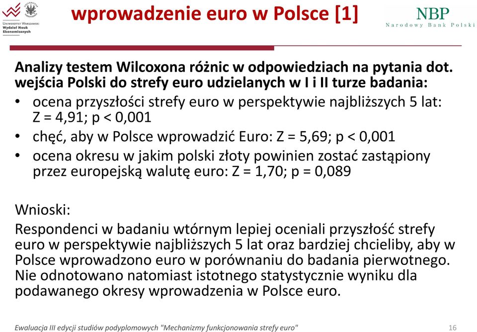 < 0,001 ocena okresu w jakim polski złoty powinien zostać zastąpiony przez europejską walutę euro: Z = 1,70; p = 0,089 Wnioski: Respondenci w badaniu wtórnym lepiej oceniali przyszłość strefy euro w