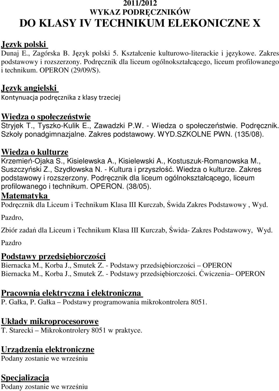 Podręcznik dla liceum ogólnokształcącego, liceum profilowanego i technikum. OPERON. (38/05)., Podstawy przedsiębiorczości Biernacka M., Korba J., Smutek Z.