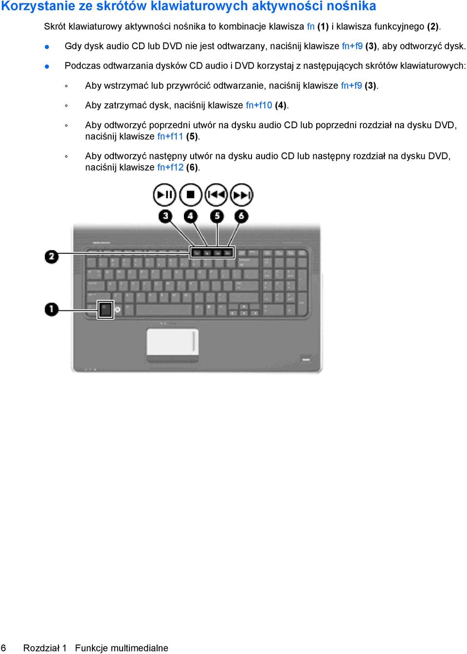 Podczas odtwarzania dysków CD audio i DVD korzystaj z następujących skrótów klawiaturowych: Aby wstrzymać lub przywrócić odtwarzanie, naciśnij klawisze fn+f9 (3).