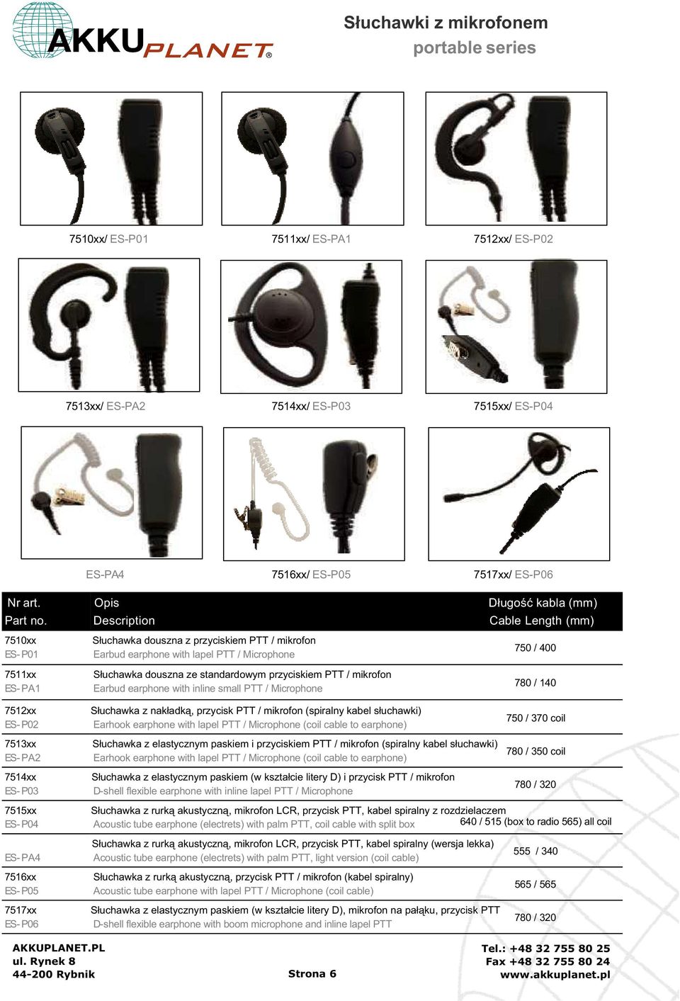 Description Cable Length (mm) 7510xx Słuchawka douszna z przyciskiem PTT / mikrofon ES- P01 Earbud earphone with lapel PTT / Microphone 750 / 400 7511xx ES-PA1 Słuchawka douszna ze standardowym