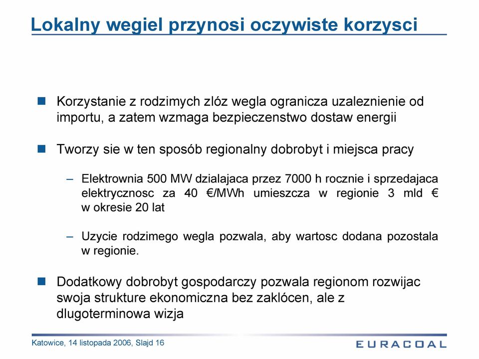 elektrycznosc za 40 /MWh umieszcza w regionie 3 mld w okresie 20 lat Uzycie rodzimego wegla pozwala, aby wartosc dodana pozostala w regionie.