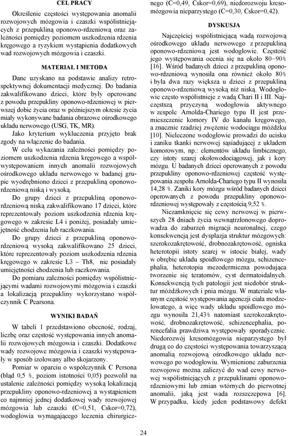 Do badania zakwalifikowano dzieci, które były operowane z powodu przepukliny oponowo-rdzeniowej w pierwszej dobie życia oraz w późniejszym okresie życia miały wykonywane badania obrazowe ośrodkowego