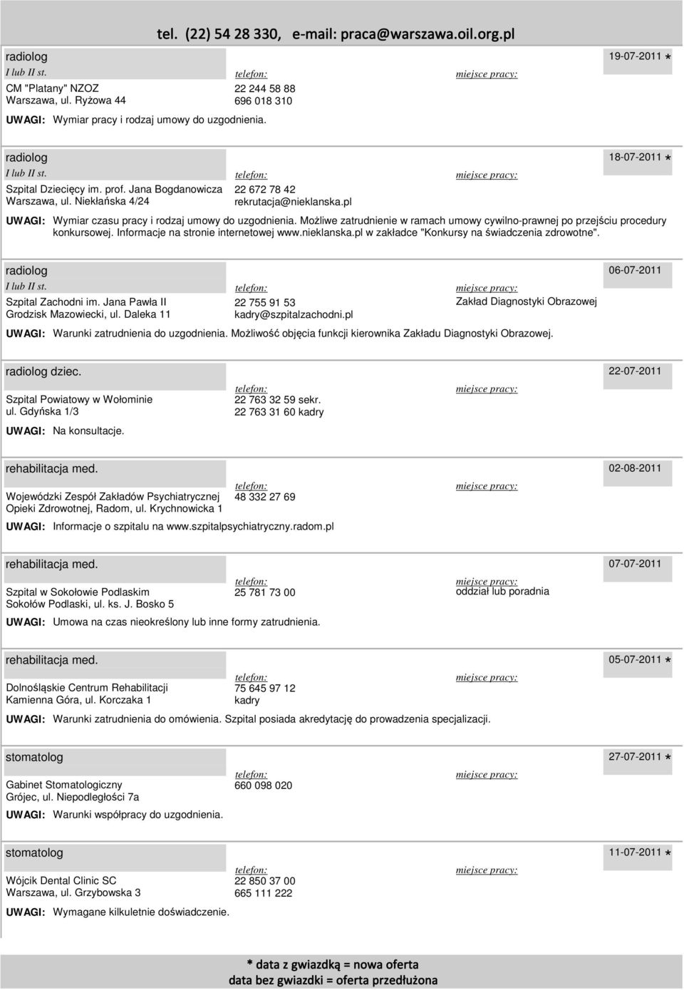 Możliwe zatrudnienie w ramach umowy cywilno-prawnej po przejściu procedury konkursowej. Informacje na stronie internetowej www.nieklanska.pl w zakładce "Konkursy na świadczenia zdrowotne".