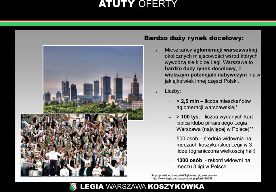 - liczba wydanych kart kibica klubu piłkarskiego Legia Warszawa (najwięcej w Polsce)** 500 osób średnia widownia na meczach koszykarskiej Legii w 3 lidze (ograniczona