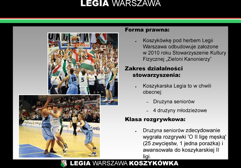 Legia to w chwili obecnej: Drużyna seniorów 4 drużyny młodzieżowe Klasa rozgrywkowa: Drużyna seniorów