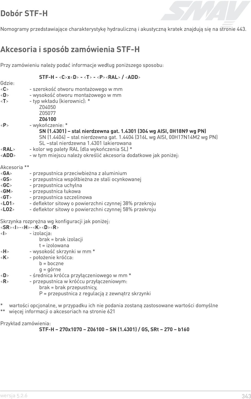 wysokoœæ otworu monta owego w mm <T> - typ wk³adu (kierownic): * Z04050 Z05077 Z06100 <P> - wykoñczenie: * SN (1.4301) stal nierdzewna gat. 1.4301 (304 wg AISI, 0H18N9 wg PN) SN (1.