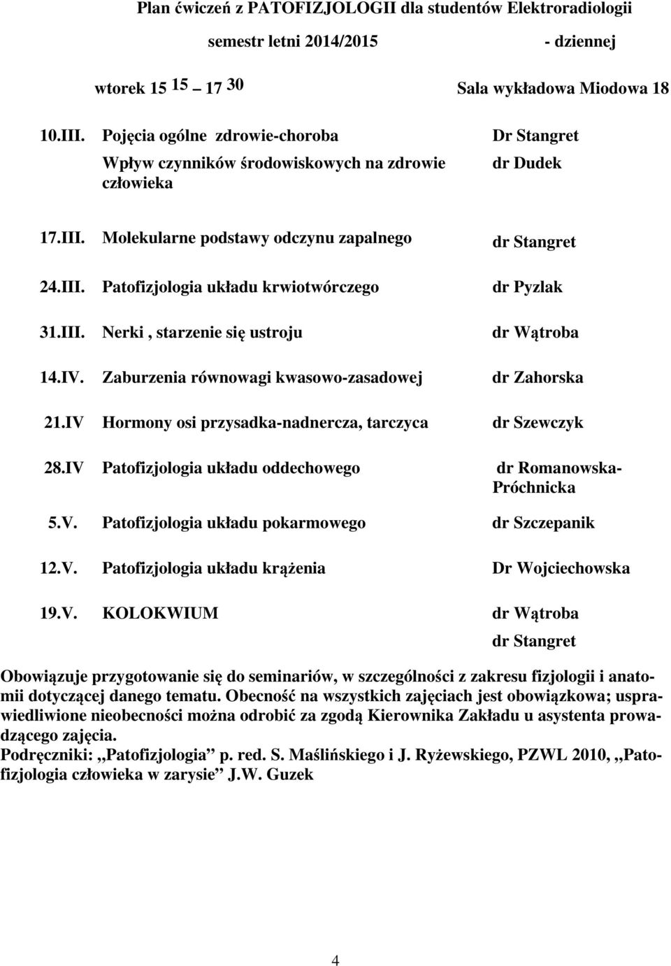 III. Nerki, starzenie się ustroju dr Wątroba 14.IV. Zaburzenia równowagi kwasowo-zasadowej dr Zahorska 21.IV Hormony osi przysadka-nadnercza, tarczyca dr Szewczyk 28.