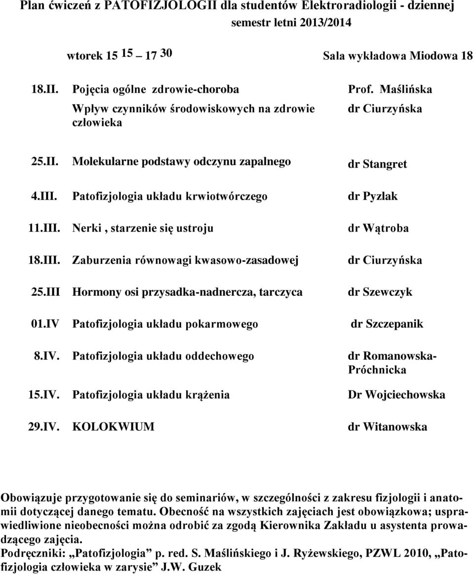 III Hormony osi przysadka-nadnercza, tarczyca dr Ciurzyńska dr Szewczyk 01.IV Patofizjologia układu pokarmowego dr Szczepanik 8.IV. Patofizjologia układu oddechowego dr Romanowska- 15.IV. Patofizjologia układu krążenia Dr Wojciechowska 29.