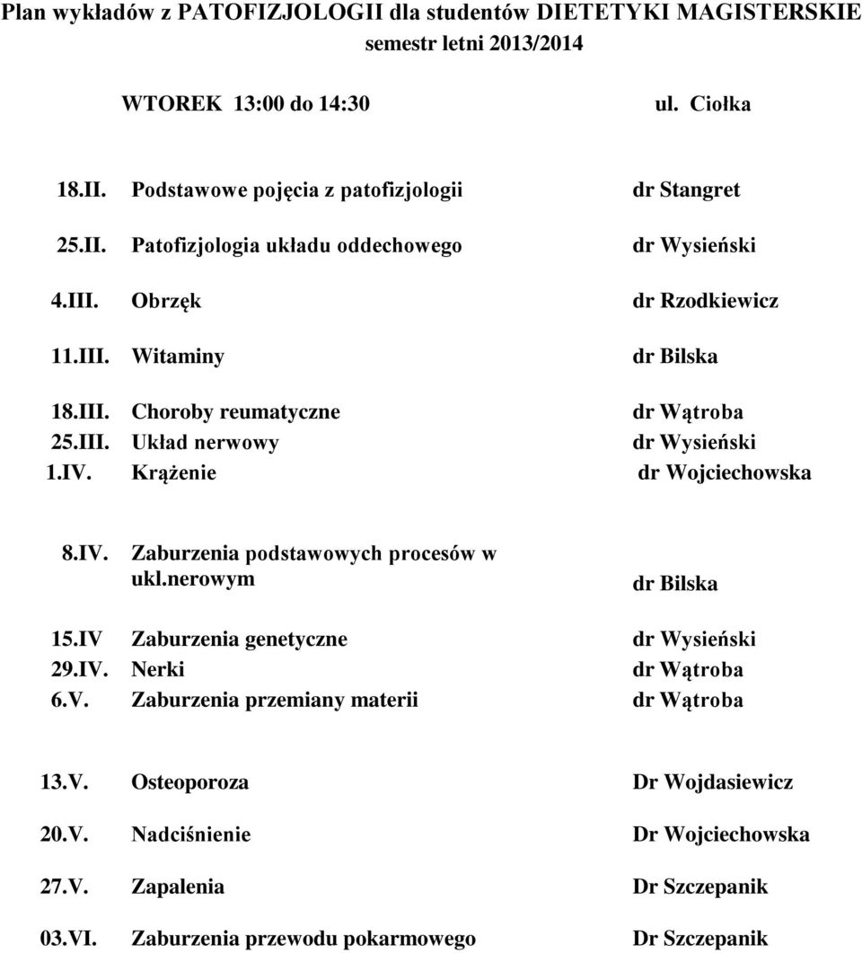 nerowym dr Bilska 15.IV Zaburzenia genetyczne dr Wysieński 29.IV. Nerki 6.V. Zaburzenia przemiany materii 13.V. Osteoporoza Dr Wojdasiewicz 20.V. Nadciśnienie Dr Wojciechowska 27.