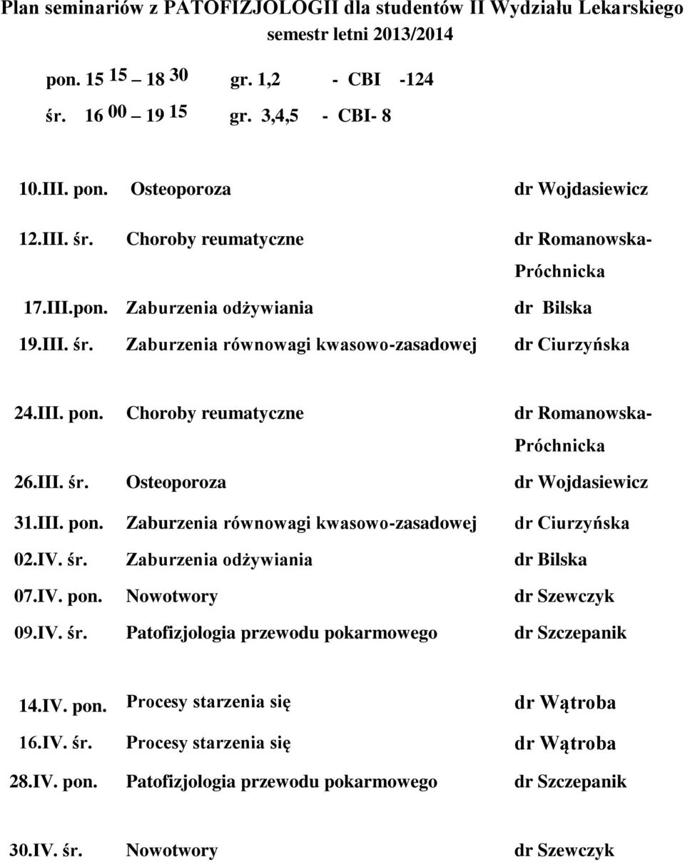 III. pon. Zaburzenia równowagi kwasowo-zasadowej dr Ciurzyńska 02.IV. śr. Zaburzenia odżywiania dr Bilska 07.IV. pon. Nowotwory dr Szewczyk 09.IV. śr. Patofizjologia przewodu pokarmowego dr Szczepanik 14.