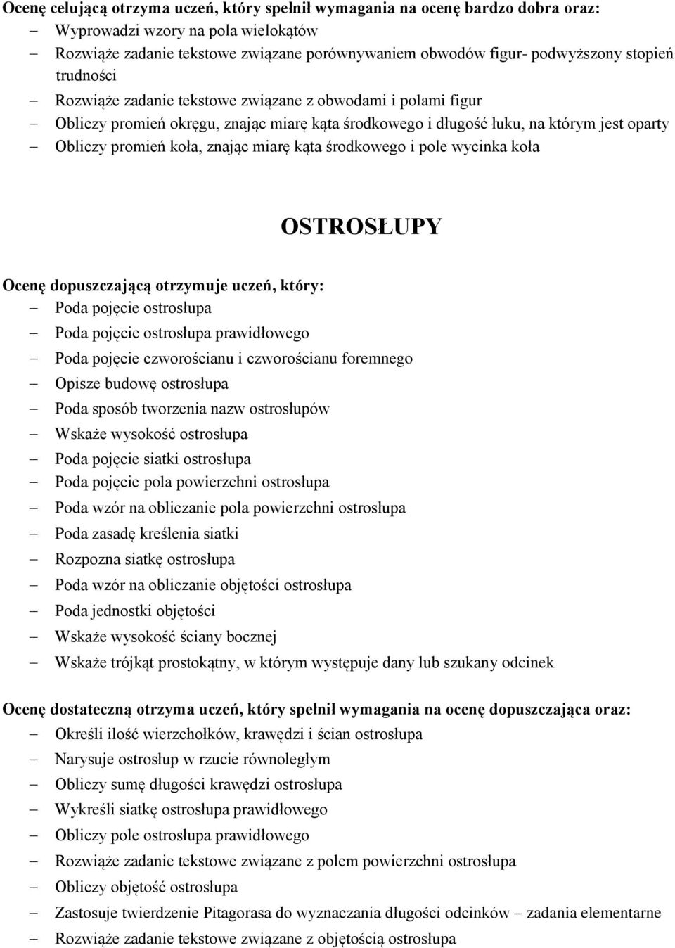 miarę kąta środkowego i pole wycinka koła OSTROSŁUPY Poda pojęcie ostrosłupa Poda pojęcie ostrosłupa prawidłowego Poda pojęcie czworościanu i czworościanu foremnego Opisze budowę ostrosłupa Poda