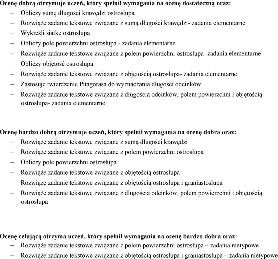 objętość ostrosłupa Rozwiąże zadanie tekstowe związane z objętością ostrosłupa- zadania elementarne Zastosuje twierdzenie Pitagorasa do wyznaczania długości odcinków Rozwiąże zadanie tekstowe