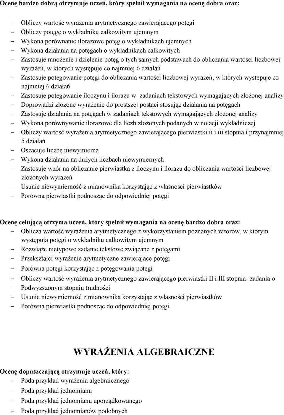 do obliczania wartości liczbowej wyrażeń, w których występuje co najmniej 6 działań Zastosuje potęgowanie iloczynu i ilorazu w zadaniach tekstowych wymagających złożonej analizy Doprowadzi złożone