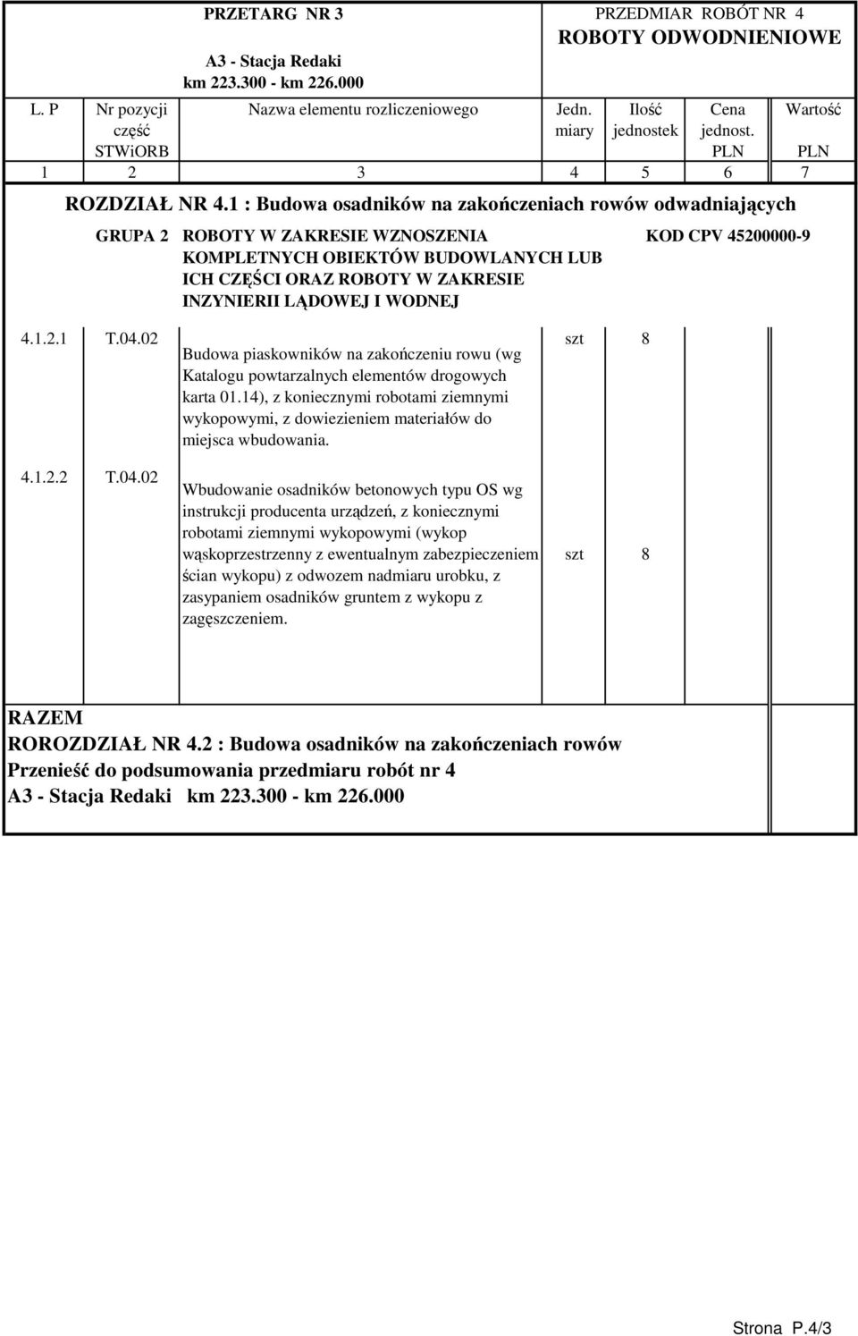 LĄDOWEJ I WODNEJ 4.1.2.1 T.04.02 4.1.2.2 T.04.02 Budowa piaskowników na zakończeniu rowu (wg Katalogu powtarzalnych elementów drogowych karta 01.