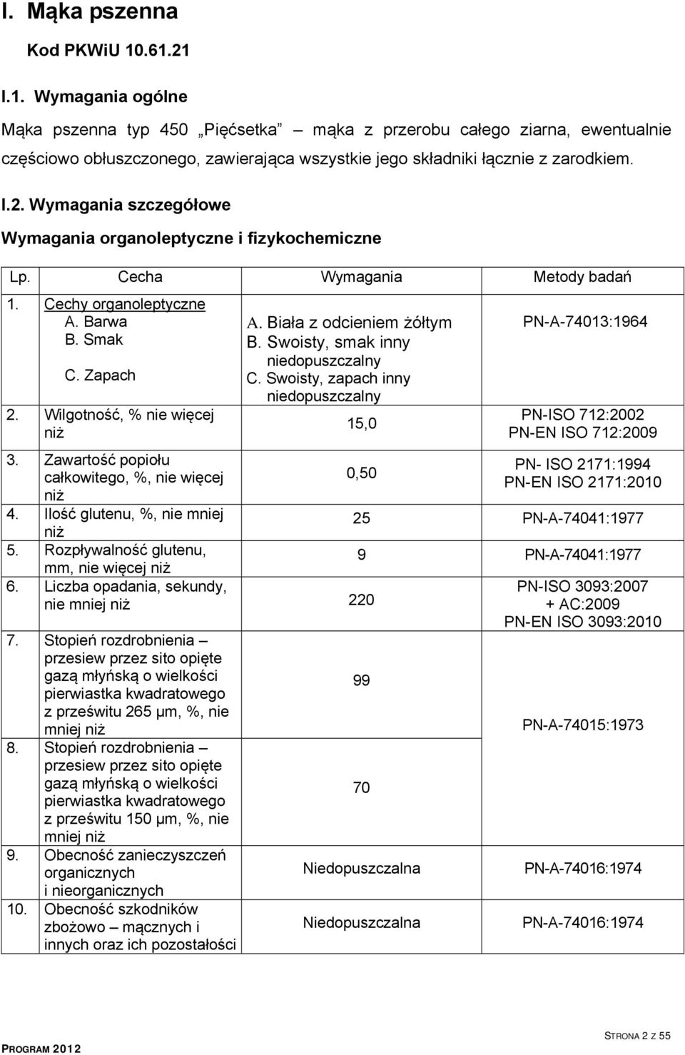 Cecha Wymagania Metody badań 1. Cechy organoleptyczne A. Barwa B. Smak C. Zapach 2. Wilgotność, % nie więcej niż A. Biała z odcieniem żółtym B. Swoisty, smak inny niedopuszczalny C.