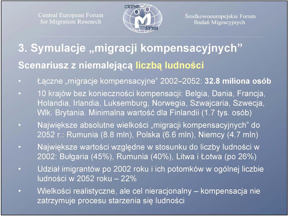 Minimalna wartość dla Finlandii (1.7 tys. osób) Największe absolutne wielkości migracji kompensacyjnych do 252 r.: Rumunia (8.8 mln), Polska (6.6 mln), Niemcy (4.