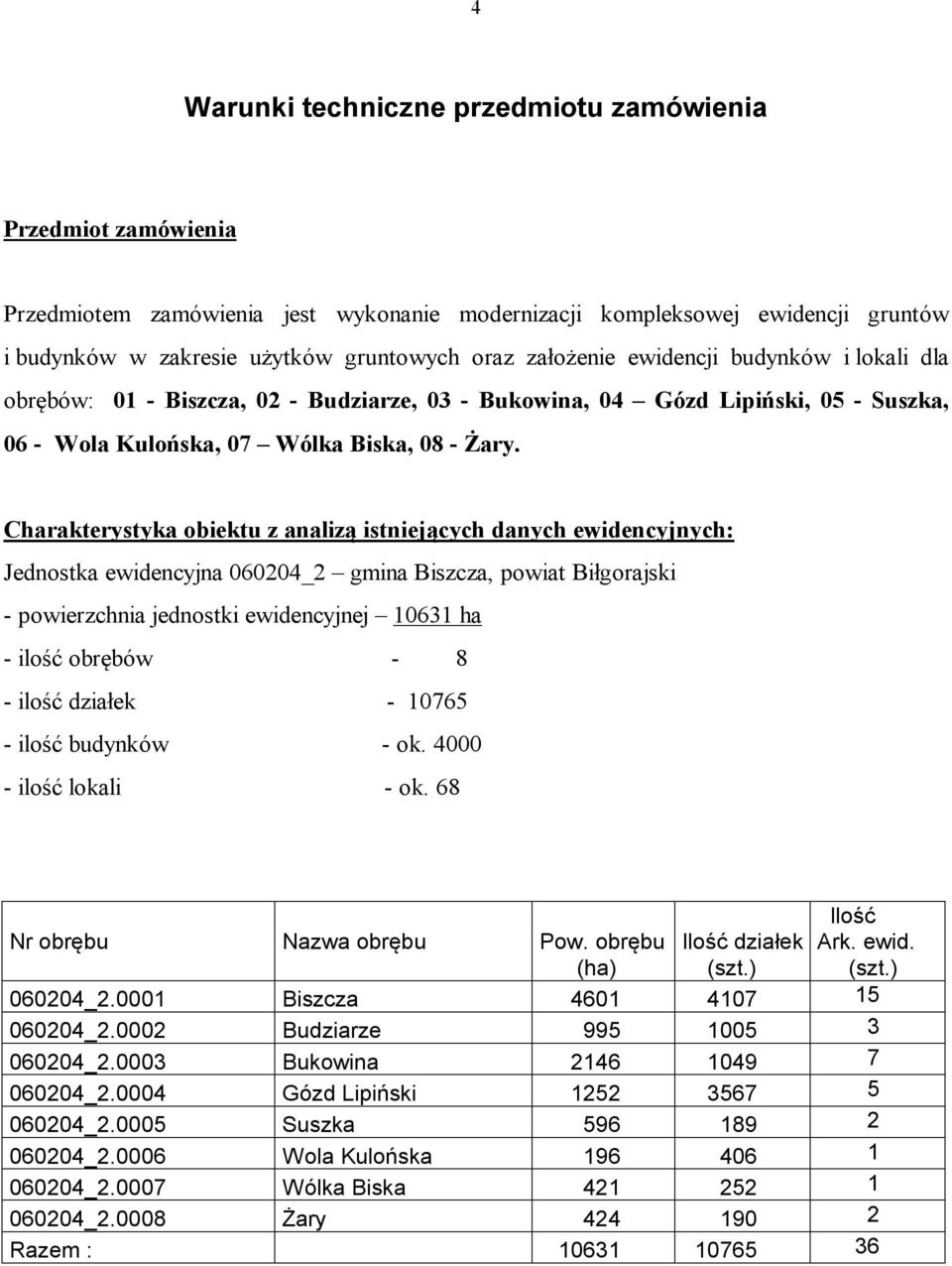 Charakterystyka obiektu z analizą istniejących danych ewidencyjnych: Jednostka ewidencyjna 060204_2 gmina Biszcza, powiat Biłgorajski - powierzchnia jednostki ewidencyjnej 10631 ha - ilość obrębów -